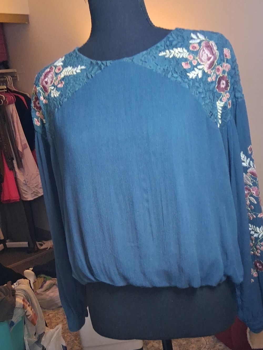 Blue Sky, Embroidered Teal Long-Sleeve Women's Boho Top
